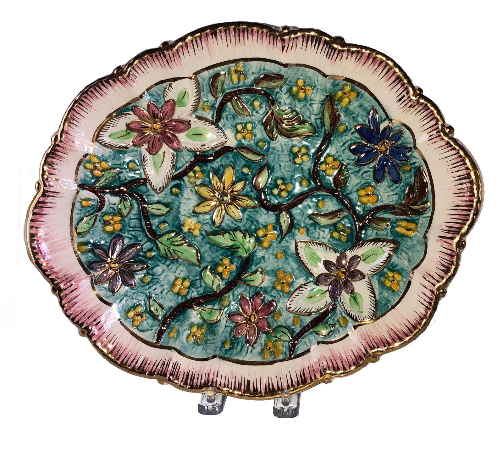 Italian Hand Painted Vintage Floral Majolica Ewer and Platter - Two Piece Set - 3