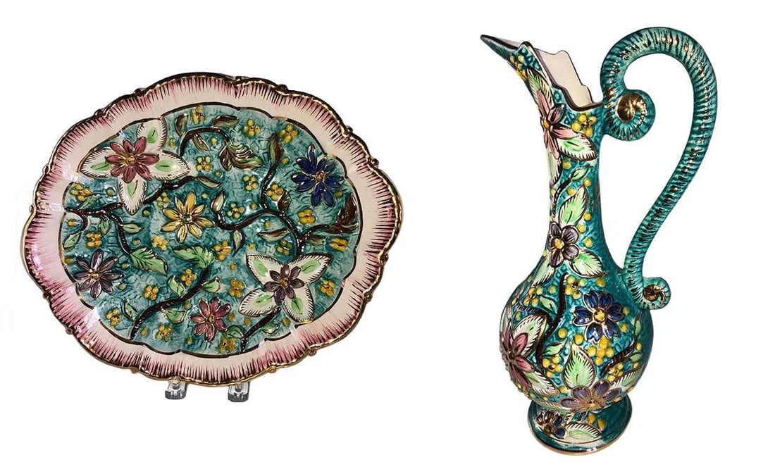 Italian Hand Painted Vintage Floral Majolica Ewer and Platter - Two Piece Set - 8