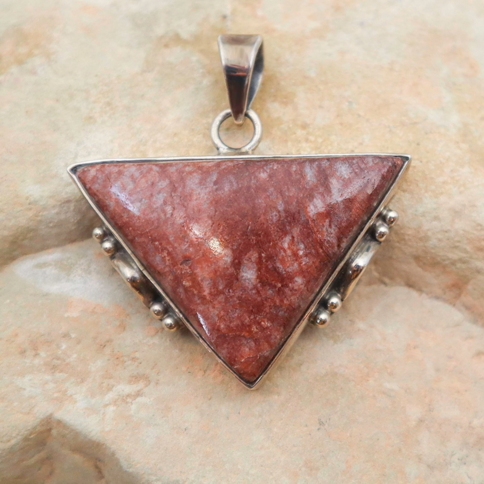 1990s Vintage Burgundy Jasper & Sterling Triangle Pendant - 2