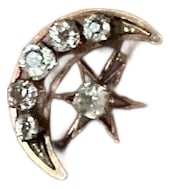 late 19th Century Victorian Celestial Moon & Star Pin/Pendant: A highly sought after Victorian Celestial Pin that can also be worn as a pendant. This pin is 9k rose gold with paste stones. It looks new, and never worn, and features a moon and star motif, with a
