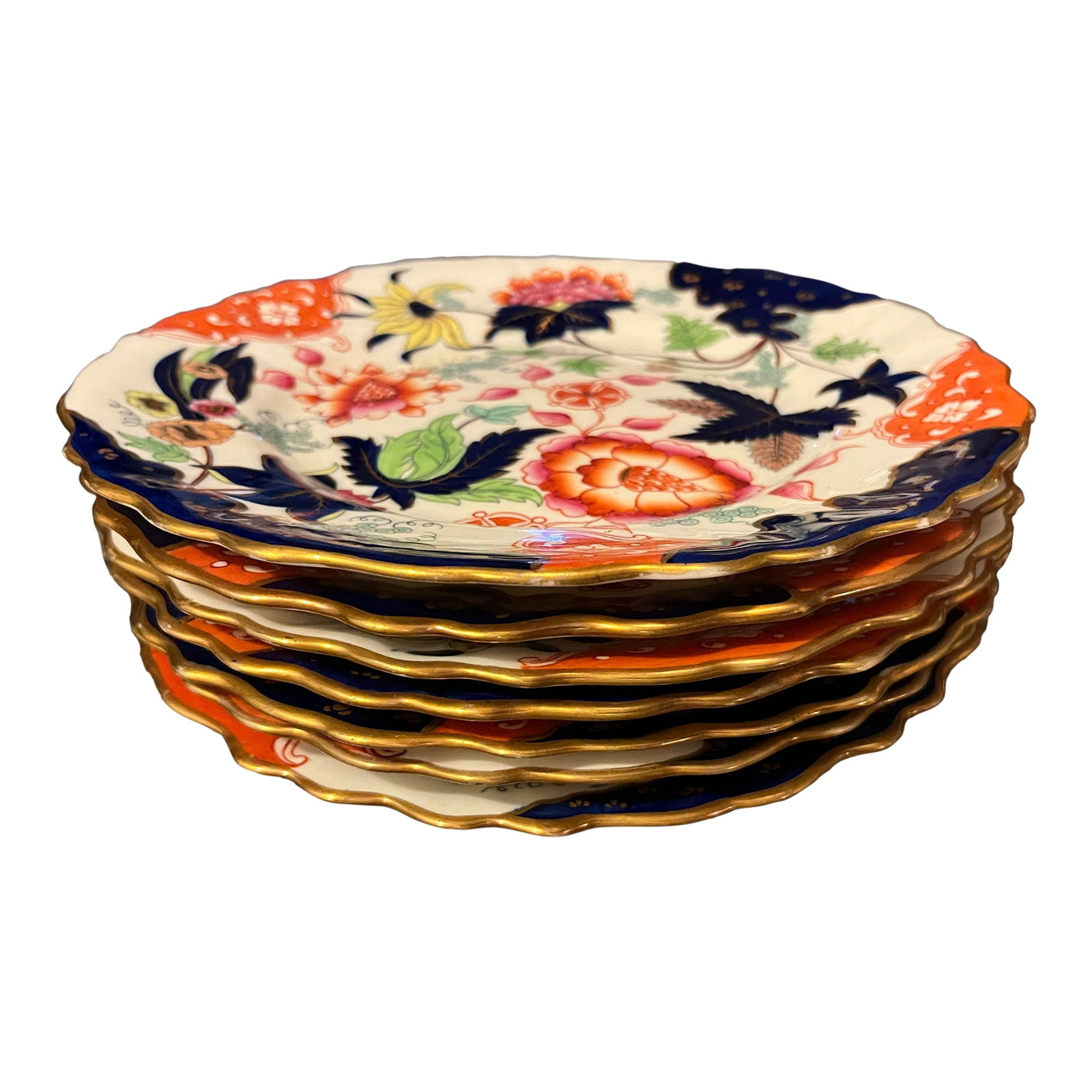 English Earth-Ware Chinoiserie Plates,Circa 1890: English earth-ware Chinoiserie Plates circa 1890 English ironstone set of seven 9.5 inch plates circa 1890. Chinoiserie or Imari style, decorated with flowers Whit gold borders Actually print is rare