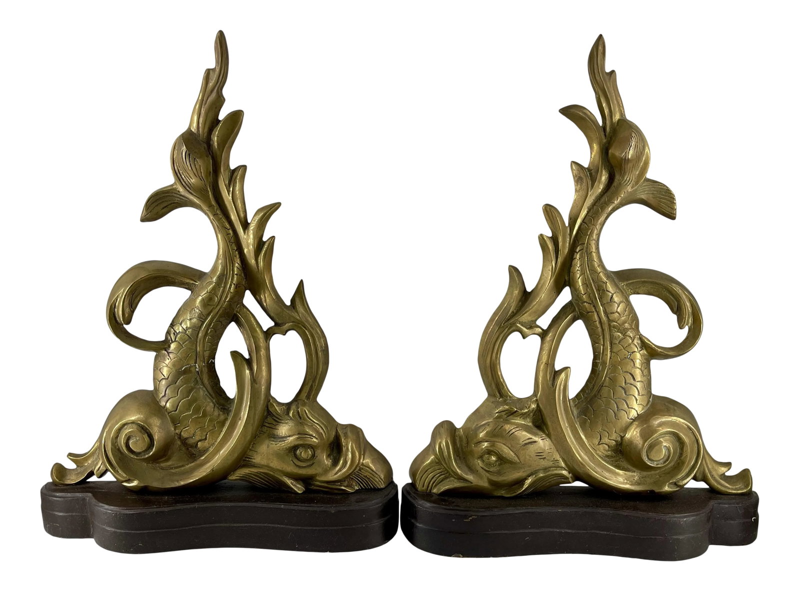 Vintage Brass Dolphin Andirons - a Pair: Amazing hard-to-find pair of vintage brass dolphins will add immediate style and flare to the fireplace! Condition: Alterations: Original Condition Unaltered Imperfections: Some Imperfections