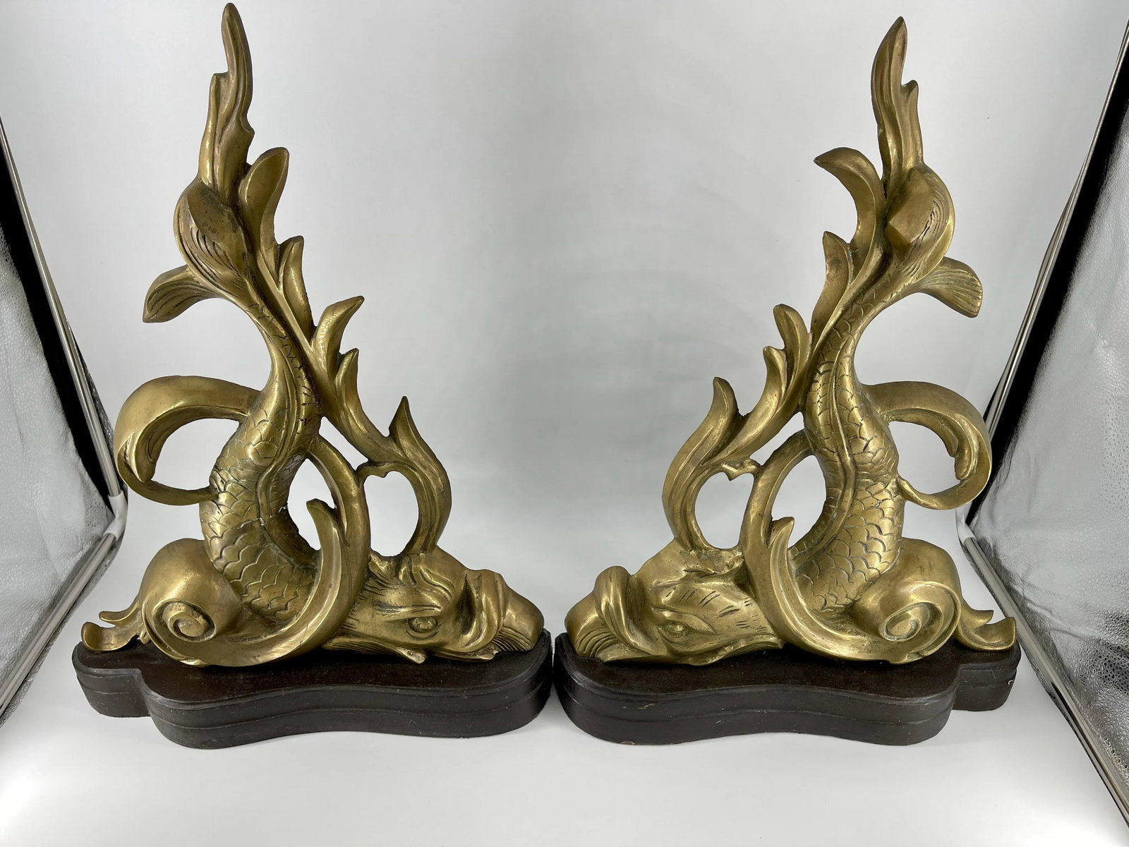 Vintage Brass Dolphin Andirons - a Pair - 7