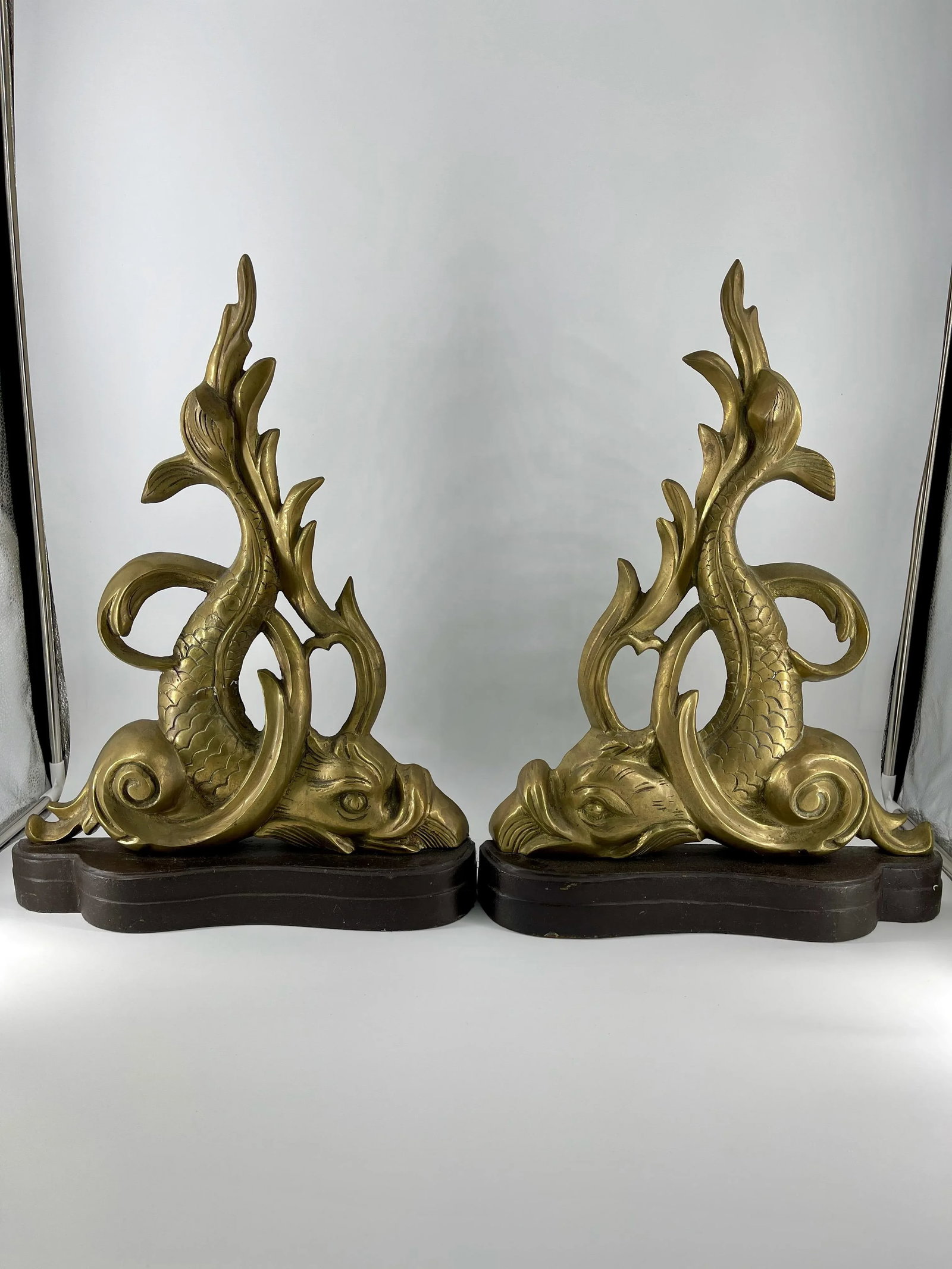 Vintage Brass Dolphin Andirons - a Pair - 8