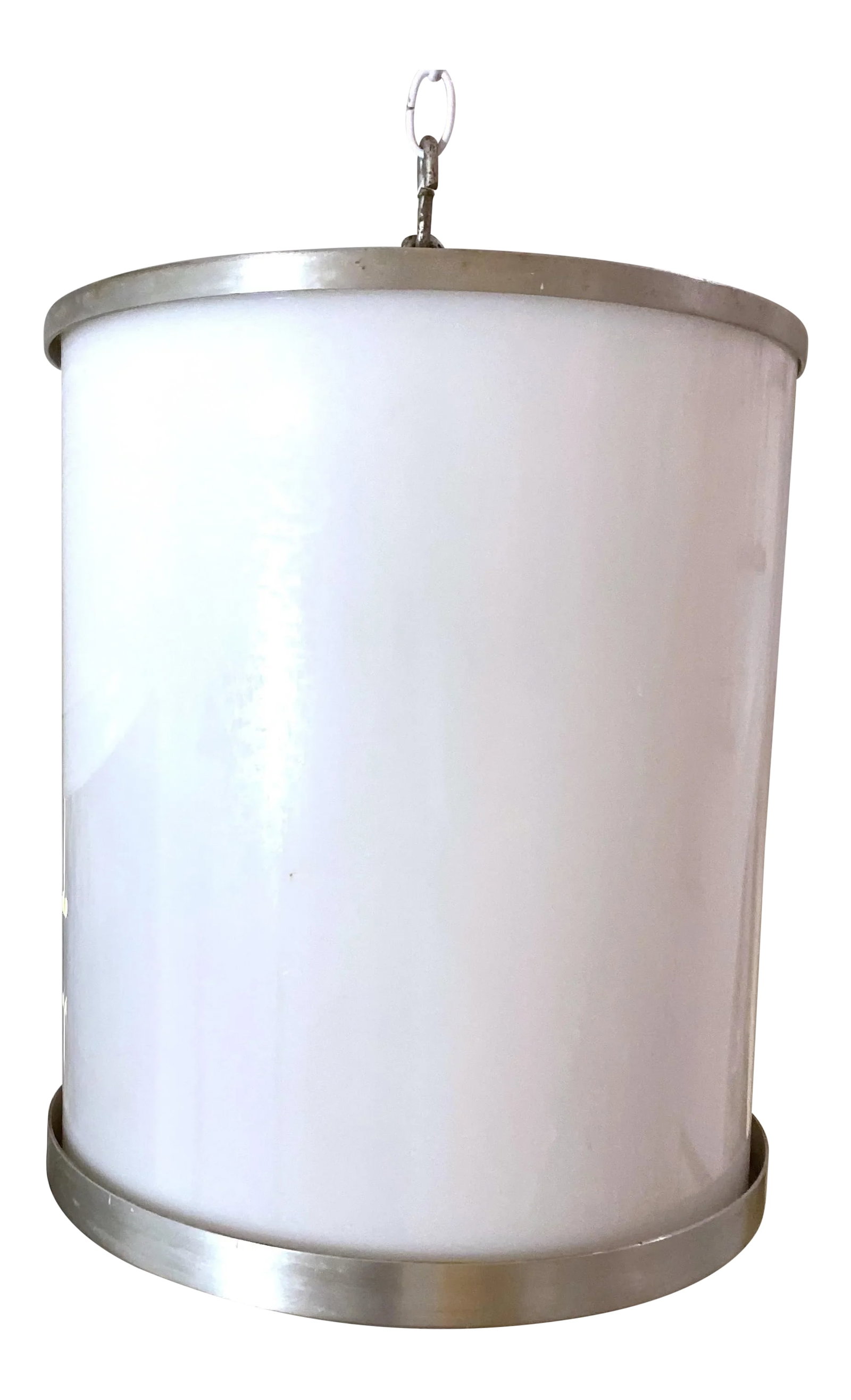 Art Deco Era Large Cylindrical Opaline and Aluminum Pendant: There are 2 available of these fantastic cylinder drum shaped pendants made of opaline milk glass. The top metal piece is suspended by 3 chains that connect to the bottom aluminum where there is a met