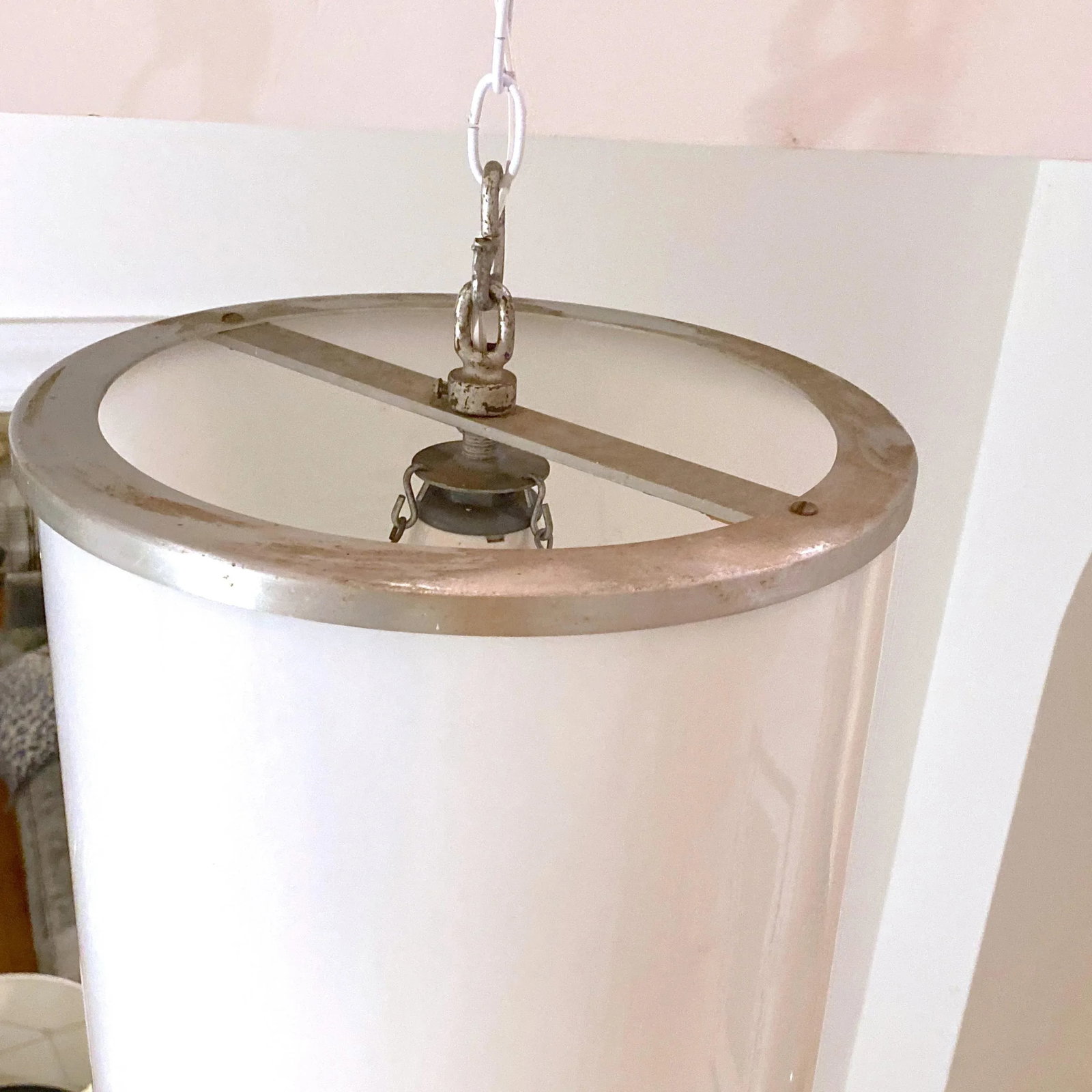 Art Deco Era Large Cylindrical Opaline and Aluminum Pendant - 2
