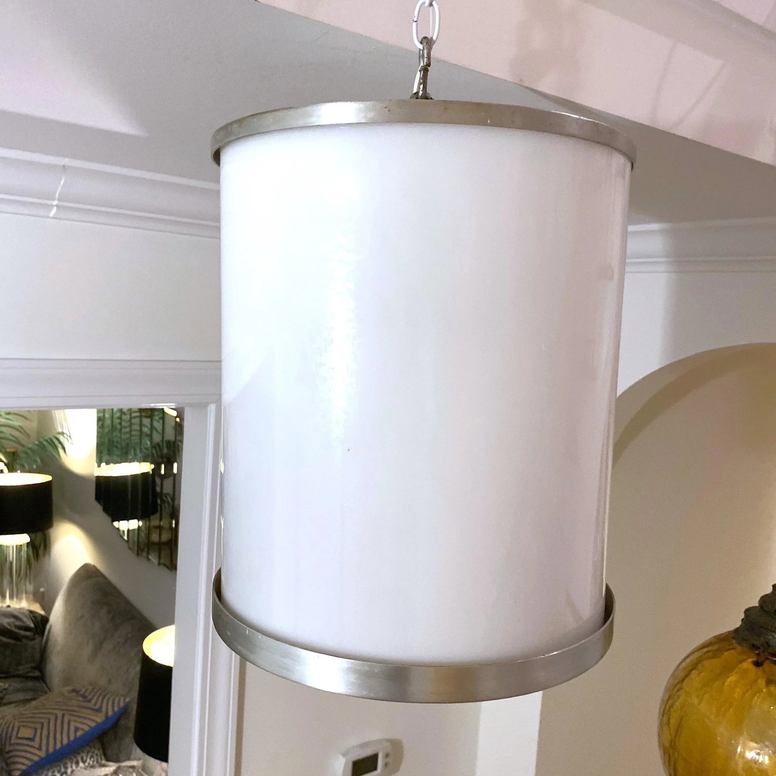 Art Deco Era Large Cylindrical Opaline and Aluminum Pendant - 4