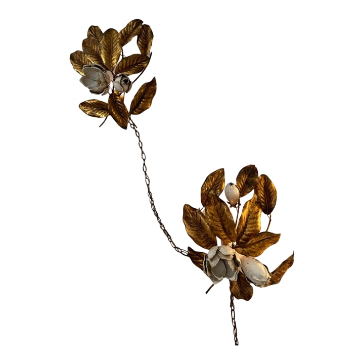 1950s Italian Gilt and Enamel Wall Sconces - a Pair: Pair of 1950s Italian wall sconces featuring gilt metal leaves with enamel floral details and original chain accents. Designed for wall mounting as decorative accent lighting. Dimensions: 18" Tall x 1