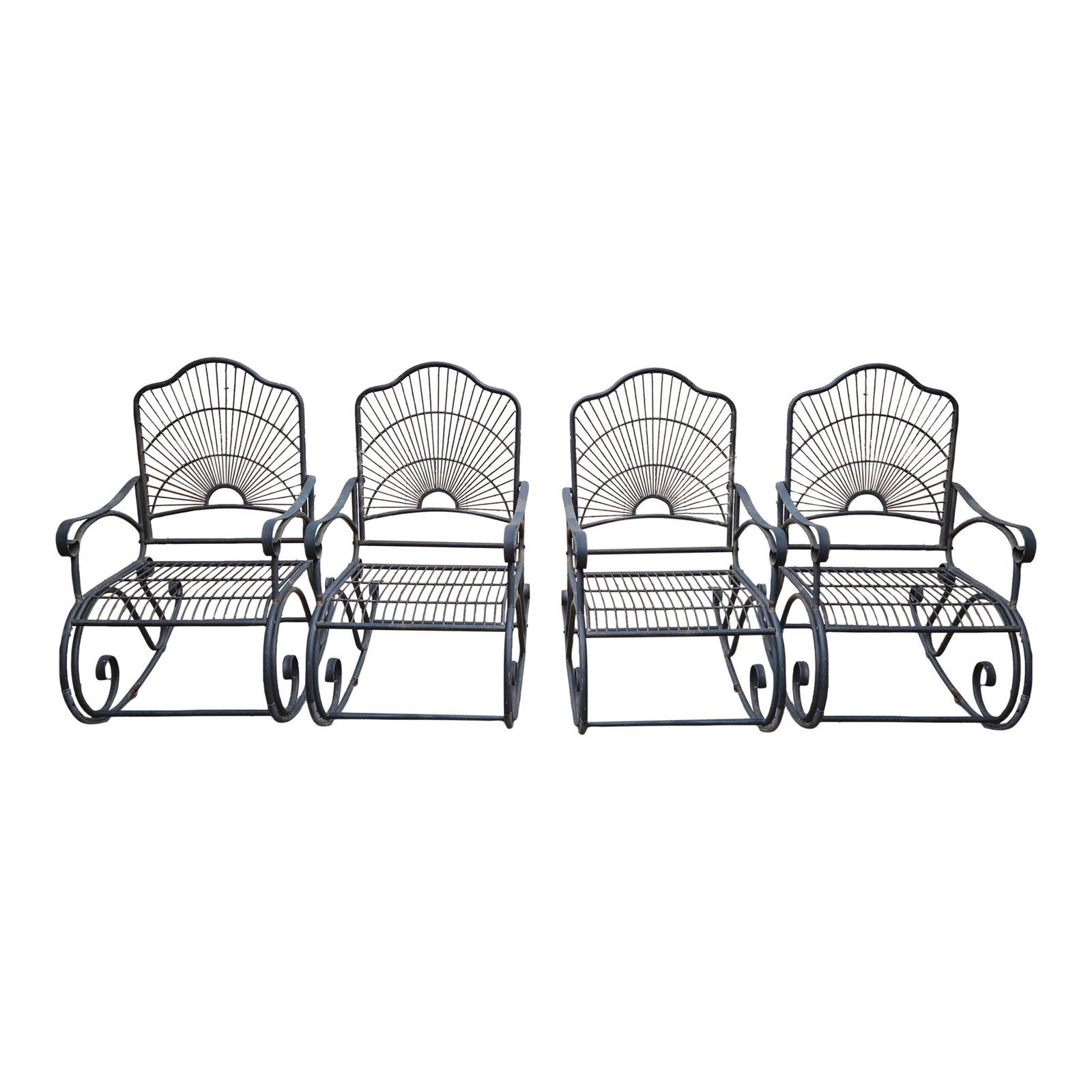 Late 20th Century Metal Outdoor Rocking Chairs Set of 4: These rocking chairs are beautifully designed. The set features four chairs with delicate designs and sturdy craftsmanship. All are in great condition. They are large and comfortable. Condition: Alter