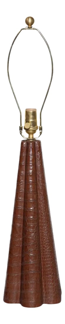 Paul Dupre-Lafon Style Scalloped Brown Alligator Leather Table Lamp, C. 1940s: 1940's sculpted Alligator Leather Reading Table Lamp in the manner of Paul Dupre-Lafon. Small footprint. Featuring a textured, scalloped pyramidal form with ornamental rounded edge, in deep Chestnut B