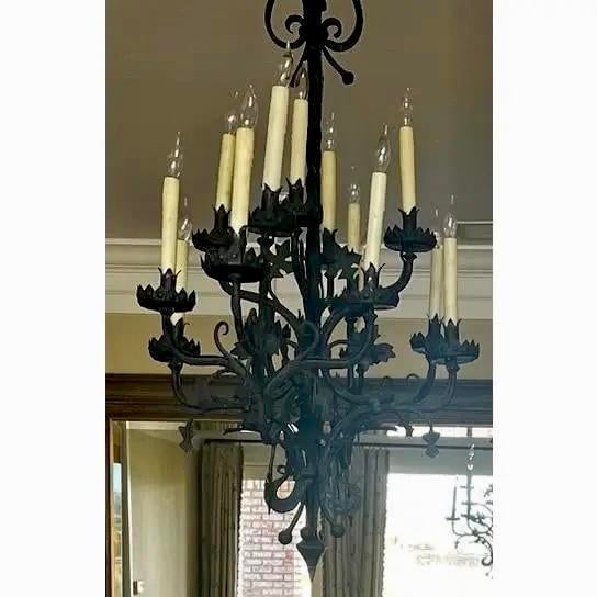 Mid 20th Century Large Mid-Century Wrought Iron Chandelier With Leaf Details - 3