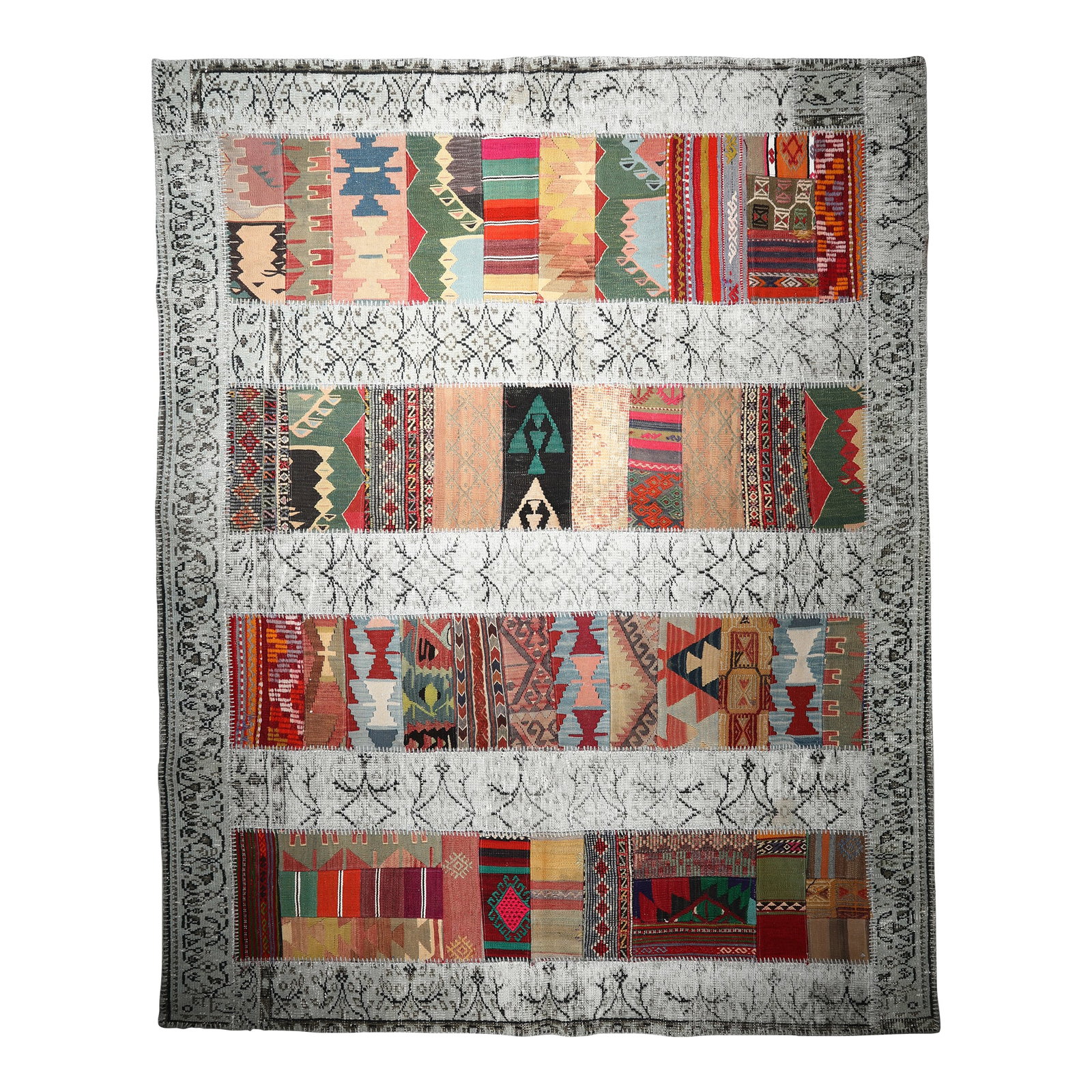 Artisan Vintage Patchwork Rug Crafted From Handwoven Rugs and Kilims - 6' 8'' X 8' 5'': This one of a kind textile is a masterful mosaic of vintage Anatolian rugs and tribal kilims, each fragment carrying its own story, origin, and soul. The central field is composed of horizontal bands