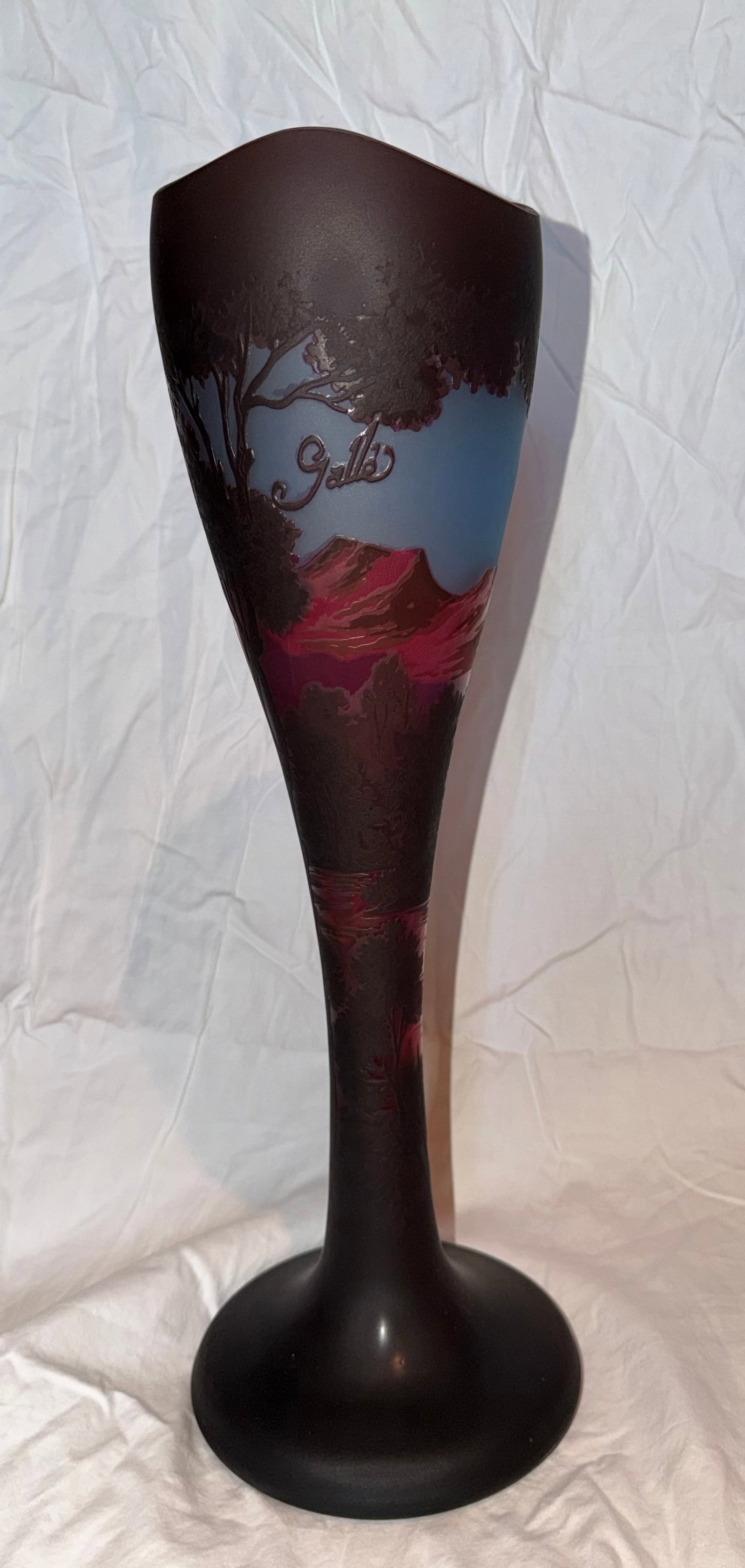 Mid 20th Century Signed Galle Art Deco Style Glass Floor Vase With Scenic Landscape Decoration - 3