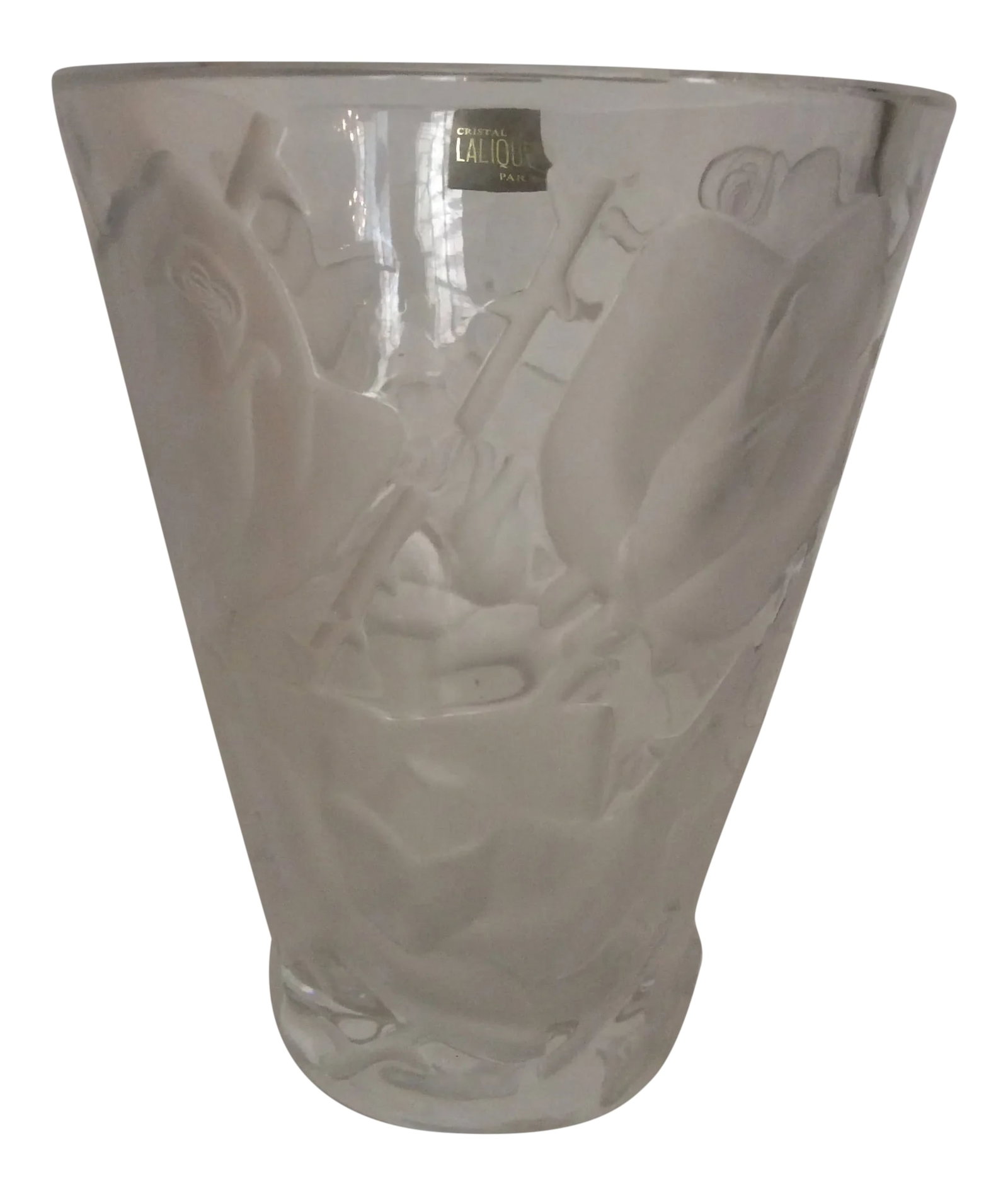 Lalique Ispahan Rose Vase: This Lalique Ispahan Rose vase was created mid 20th Century in France. It features an etched and frosted floral design with nicely detailed flowers, leaves, thorns and branches set against a clear bac