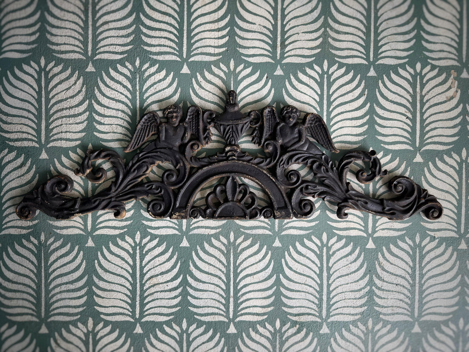Antique Victorian Cast Iron Cherub Architectural Pediment Decorative / Wall Decor - Set of 2 - 8