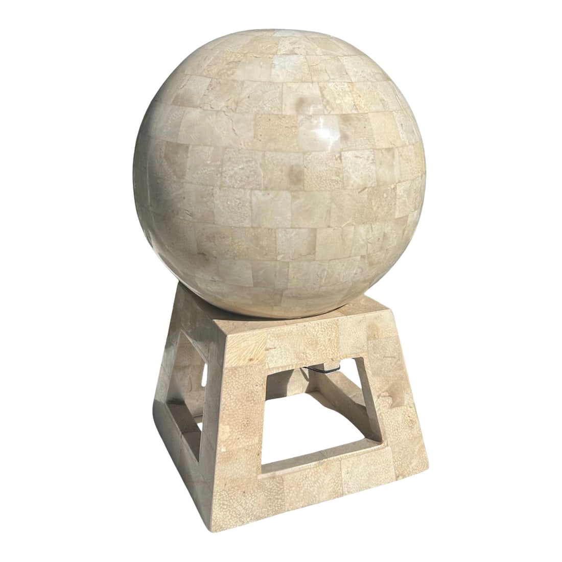 Vintage Tessellated Marble Sphere on Stand in the Style of Maitland Smith: Vintage tessellated marble sphere resting on a geometric open-base stand, in the style of Maitland Smith. The sphere features hand-laid marble tiles in a warm neutral palette with natural veining and