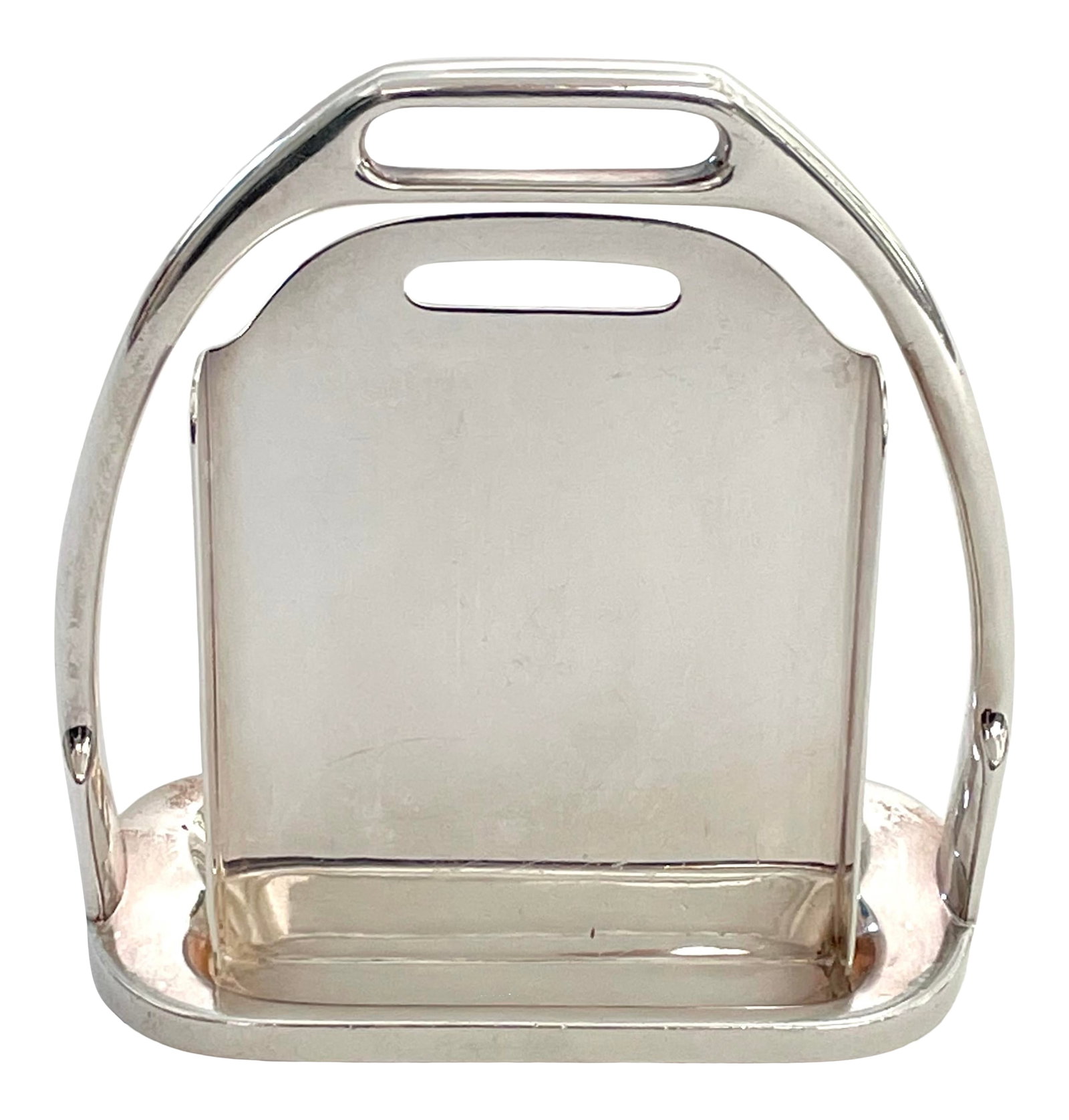 Hermes Paris Stirrup Form Frame or Card Holder Accessory: In the shape of a stirrup, this frame or card holder was made by Hermes in the 1970s. It is stamped "Hermes Paris Made in France". Condition: Alterations: Original Condition Unaltered Imperfections: S