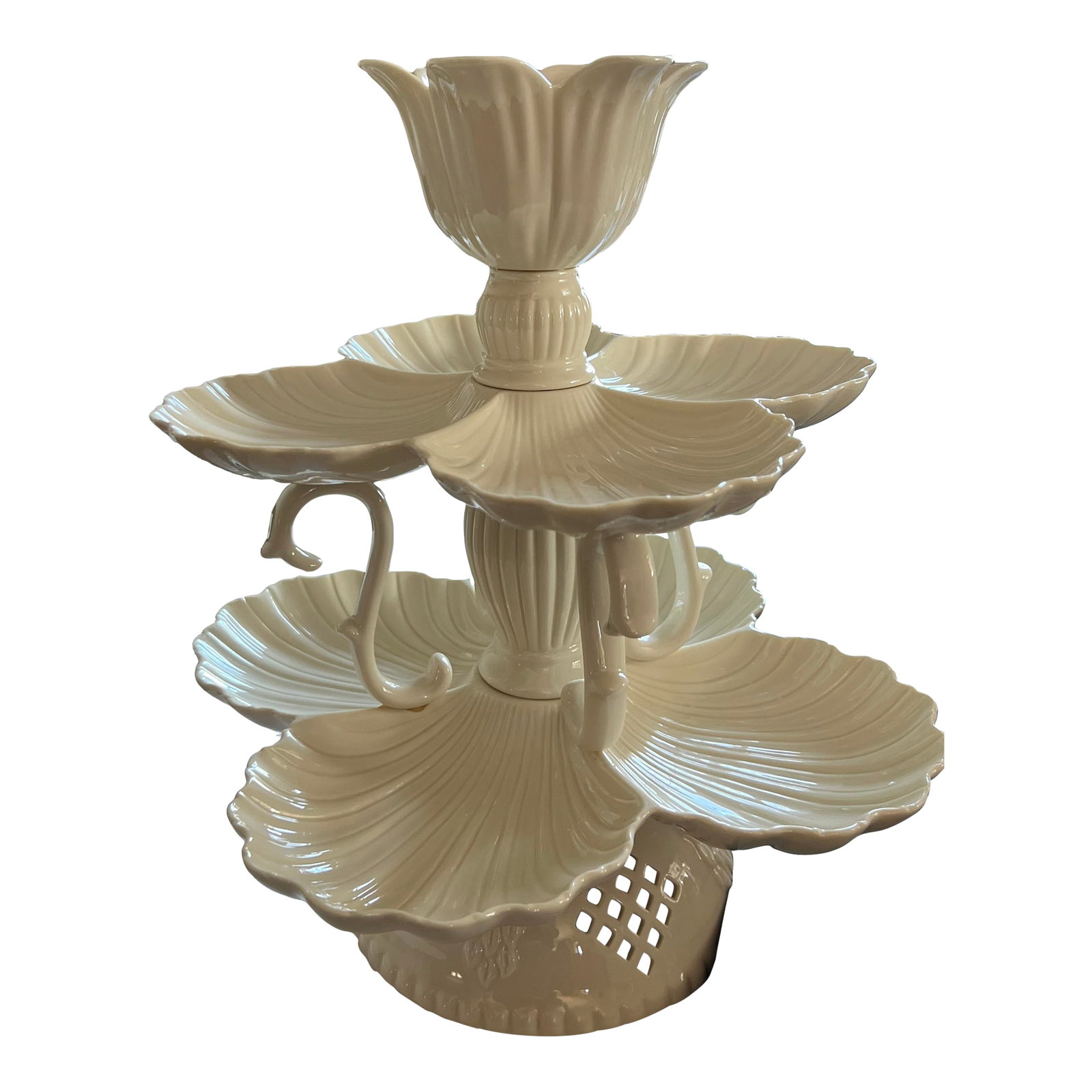 1990s Thatcham Cream Ware Centerpiece Epergne: An epergne (/I parn/ ih-PURN) is an ornate, multi-tiered table centerpiece popular from the 18th to early 20th century, used to display fruits, sweetmeats, or flowers. Typically featuring a large
