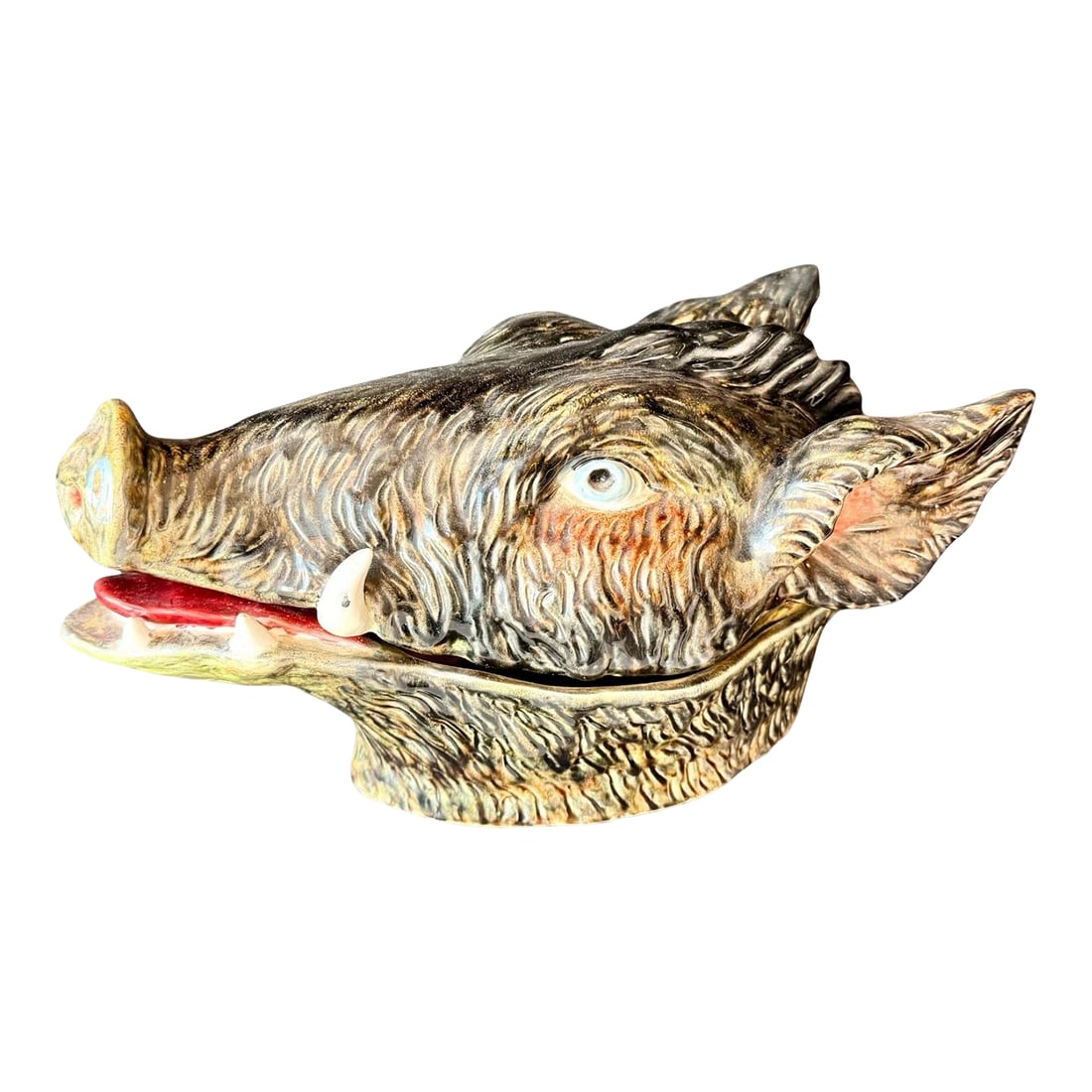 Portuguese Majolica Boar's Head Tureen, Circa 1900: Portuguese Majolica Boar's Head Tureen, circa 1900, sculptural tureen and cover modelled in earthenware with majolica glaze; inspired by a Minton & Co. example of the 1870s stamped: Bordallo