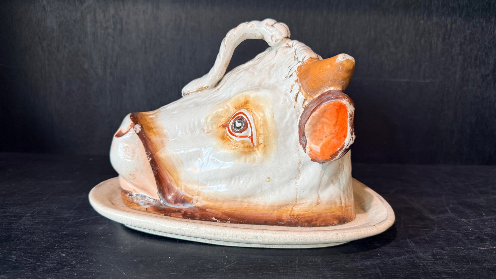 Antique Staffordshire Bull Cheese Dish Keeper - 5
