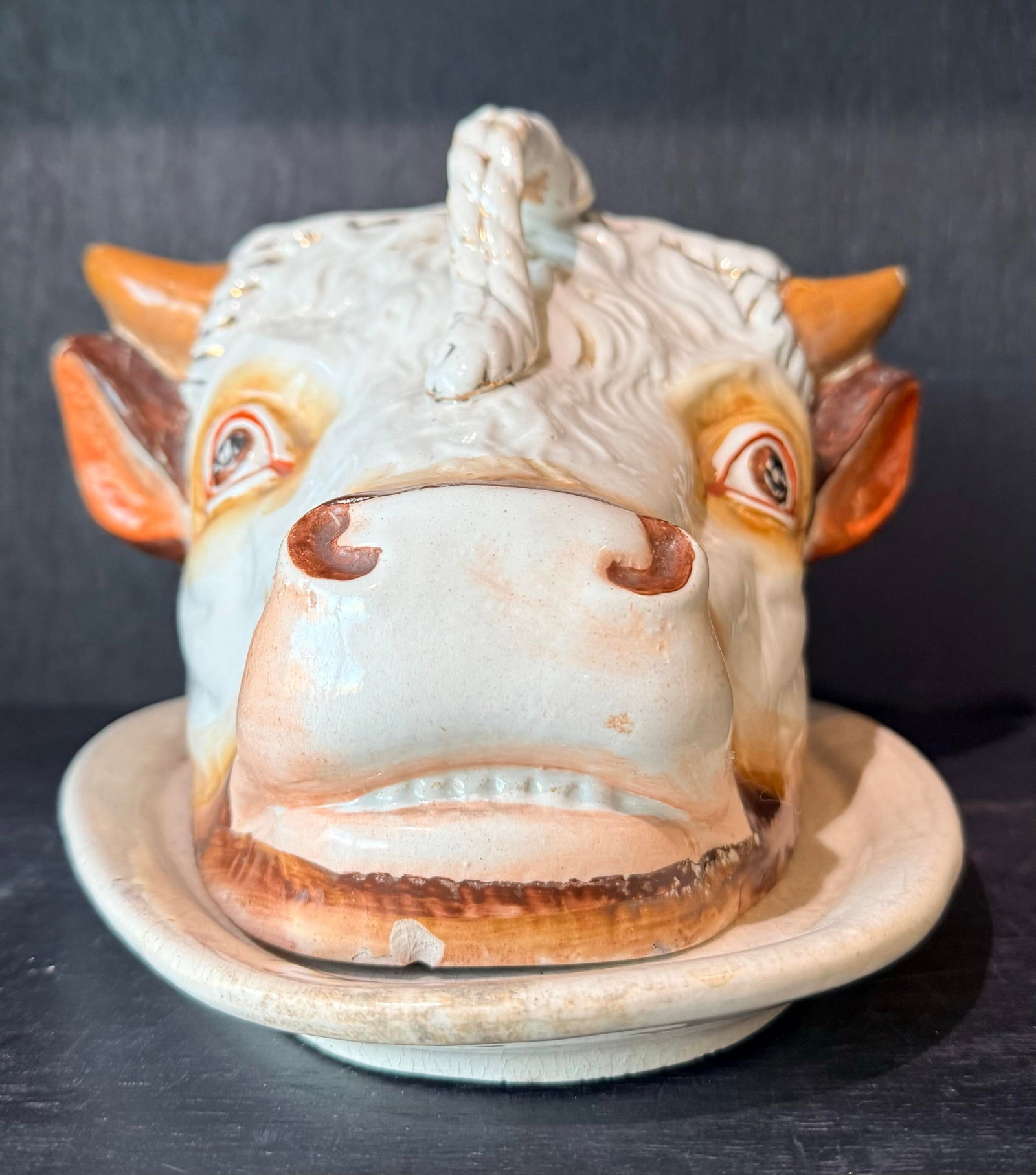 Antique Staffordshire Bull Cheese Dish Keeper - 6
