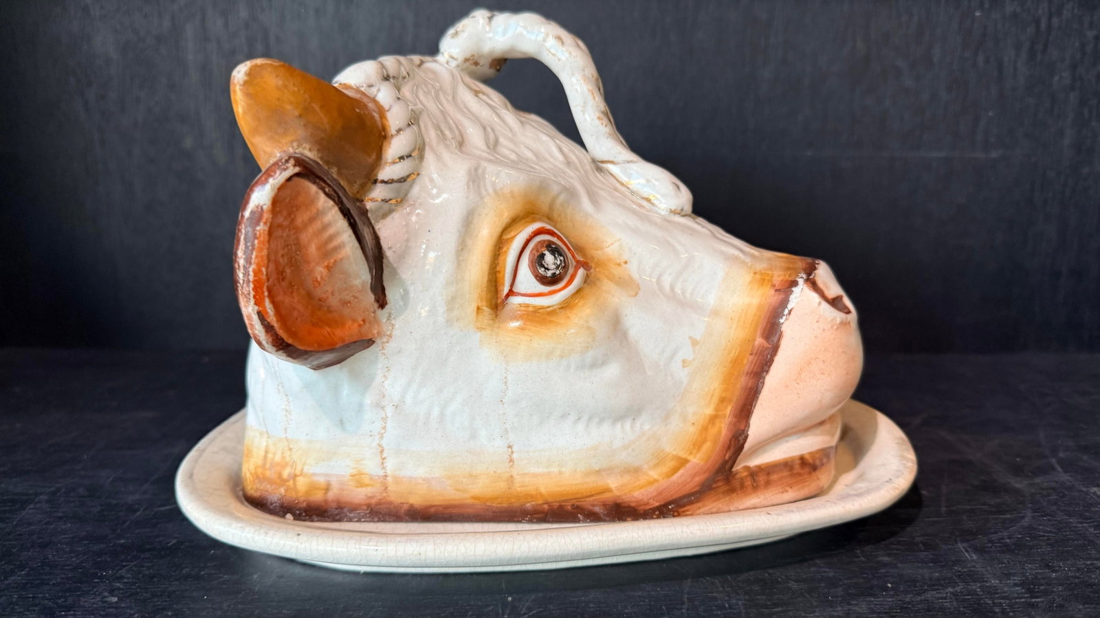 Antique Staffordshire Bull Cheese Dish Keeper - 8