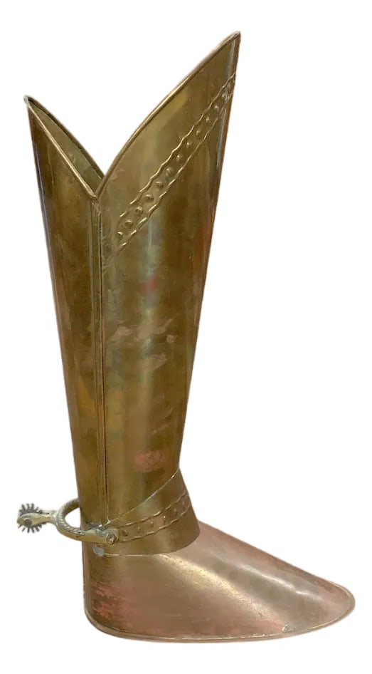 Antique Brass Riding Boot Umbrella Stand - Made in England: Antique brass umbrella stand crafted in the form of a traditional riding boot, stamped Made in England at the base. The tall boot silhouette features crisp molded seams, strap and buckle detailing,
