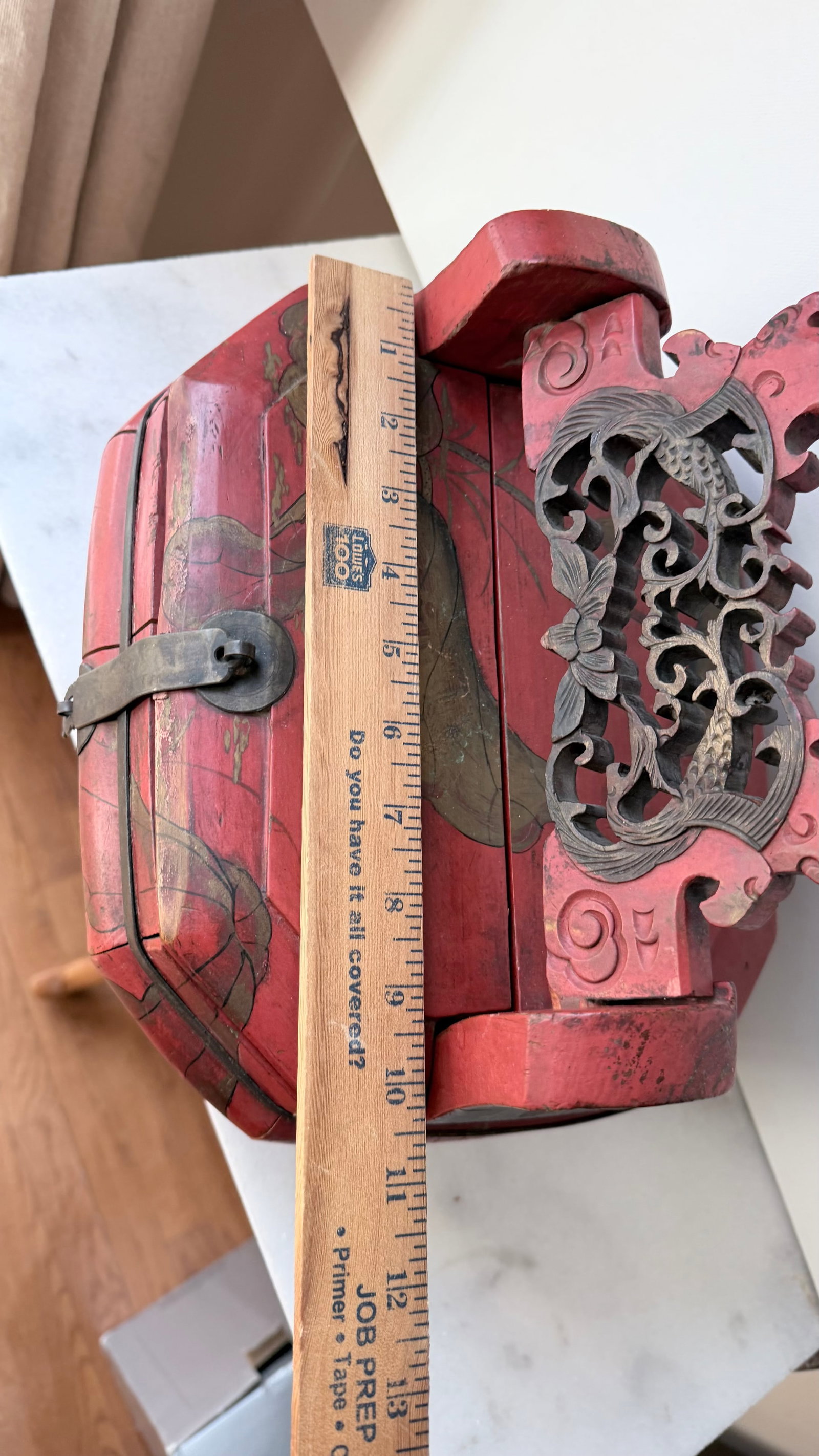 Antique Chinese Red Wooden Wedding Bridal Box - 11
