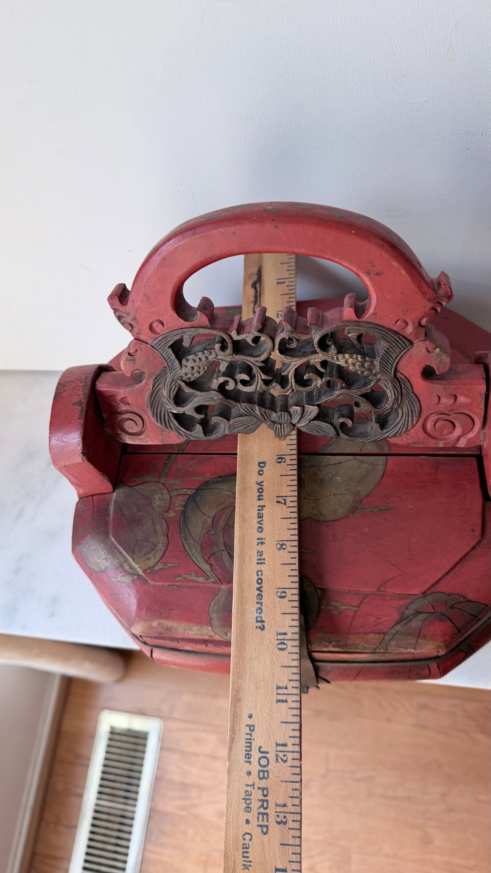 Antique Chinese Red Wooden Wedding Bridal Box - 12