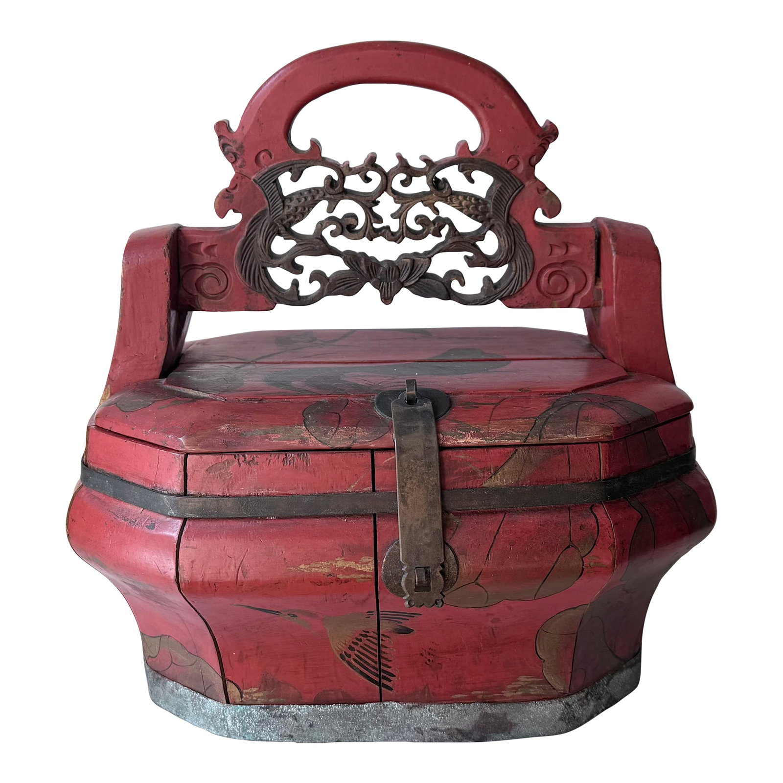 Antique Chinese Red Wooden Wedding Bridal Box: Antique 19 century Chinese wedding wooden bridal box with brass lock. Hand painted. Condition: Alterations: Original Condition Unaltered Imperfections: Some Imperfections Condition Notes: Condition