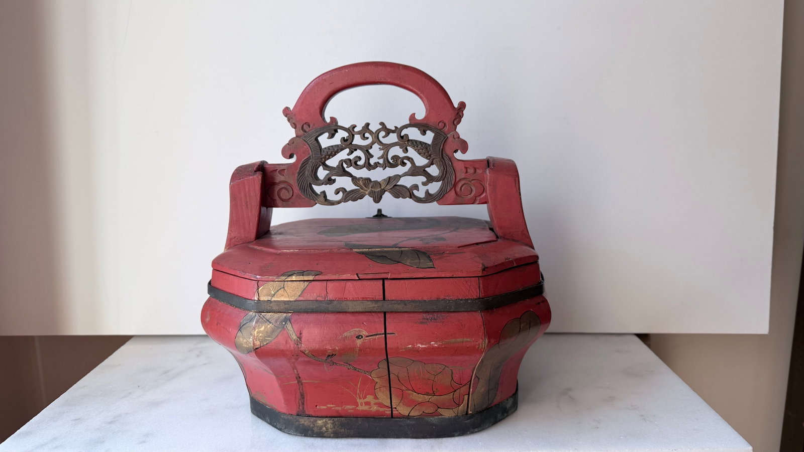 Antique Chinese Red Wooden Wedding Bridal Box - 2