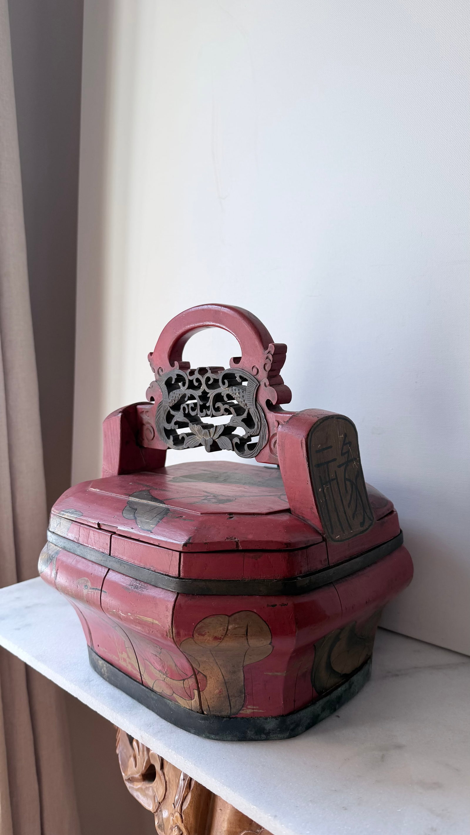 Antique Chinese Red Wooden Wedding Bridal Box - 3