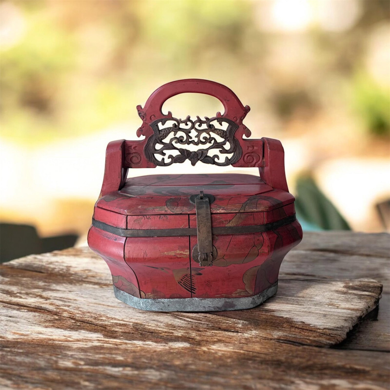 Antique Chinese Red Wooden Wedding Bridal Box - 4