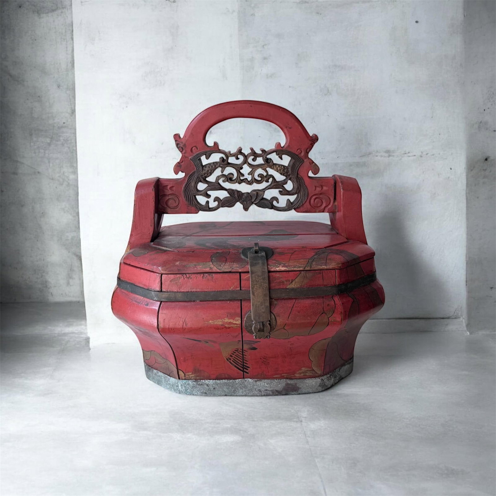 Antique Chinese Red Wooden Wedding Bridal Box - 5