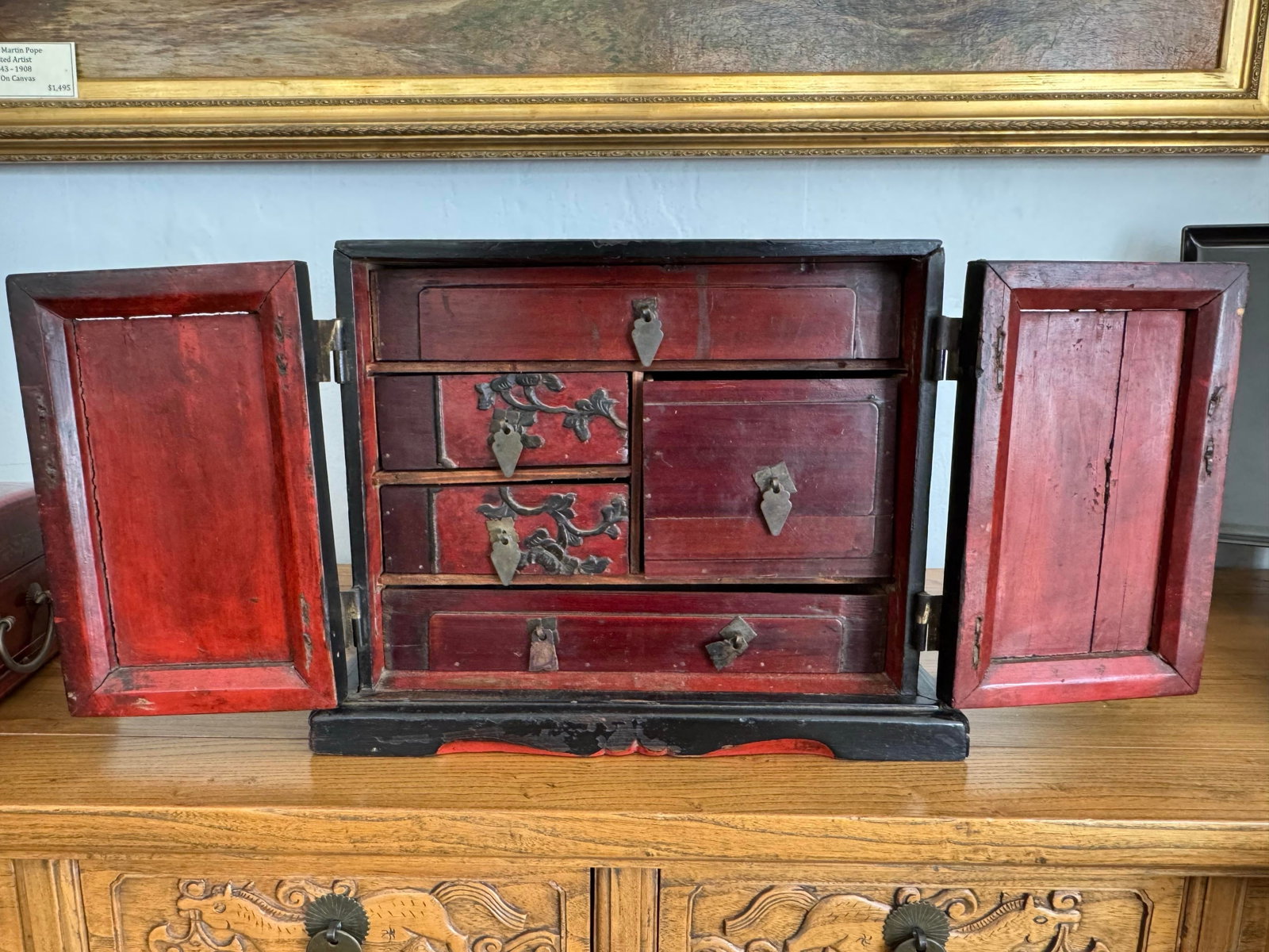 Antique Chinese Black Lacquer Jewelry Cabinet Gold Gilt Figural Chest - 5