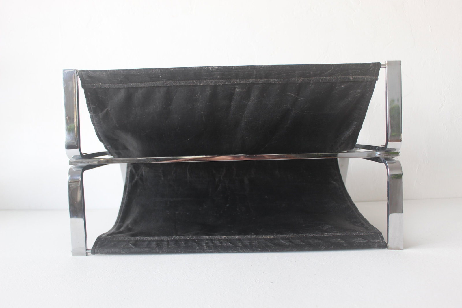 Poul Kjaerholm Style Chrome Steel Black Faux Leather Sling Magazine Caddy Rack Mid-Century Modern Vi - 13