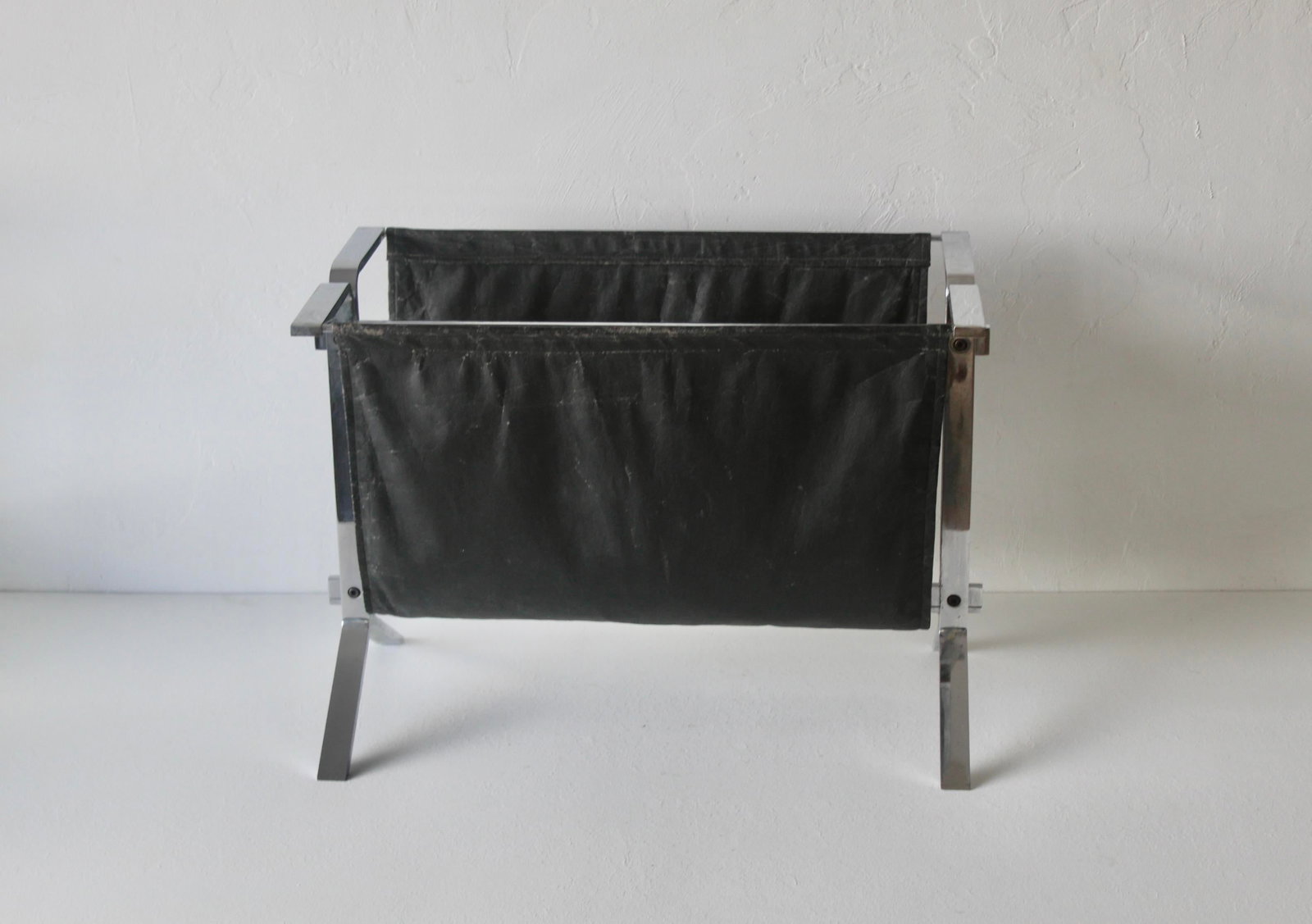 Poul Kjaerholm Style Chrome Steel Black Faux Leather Sling Magazine Caddy Rack Mid-Century Modern Vi - 14