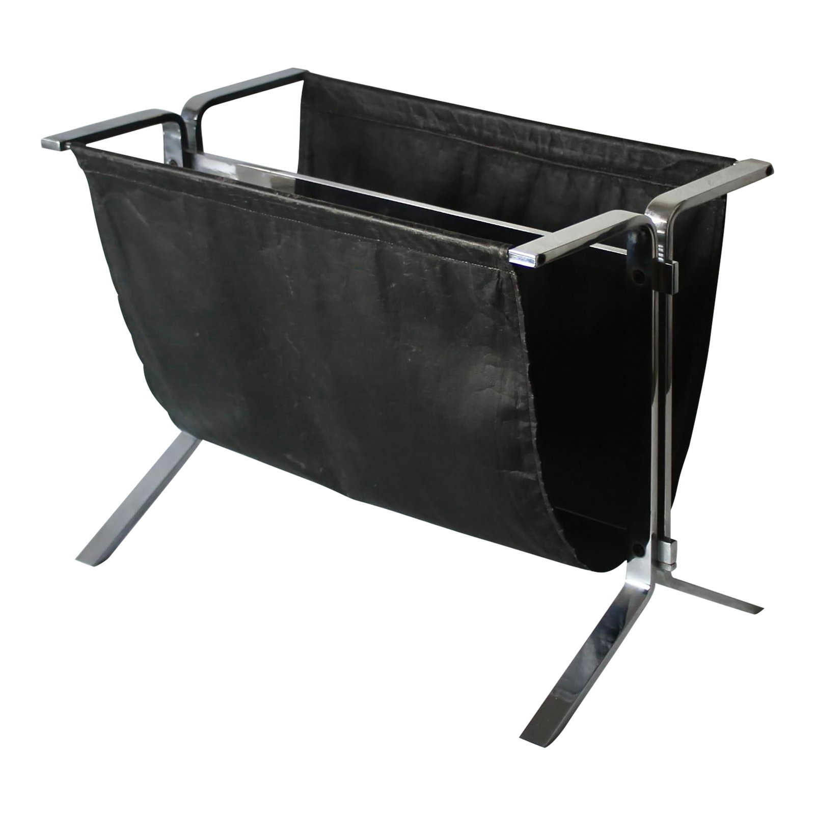 Poul Kjaerholm Style Chrome Steel Black Faux Leather Sling Magazine Caddy Rack Mid-Century Modern Vi: Vintage Mid-Century Modern Poul Kjaerholm Style Chrome Steel Black Faux Leather Sling Magazine Caddy Rack. Beautifully designed and constructed. Hefty at 17 lbs. The faux leather has lots of creases