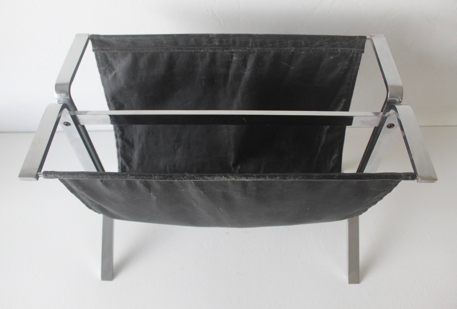 Poul Kjaerholm Style Chrome Steel Black Faux Leather Sling Magazine Caddy Rack Mid-Century Modern Vi - 8