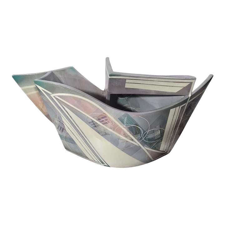 Late 20th Century Huge Signed Hubert Sculptural Ceramic Vessel - Postmodern Geometric Studio Art Pot: Striking architectural ceramic sculpture by Hubert, signed and numbered on the underside. This large 26-inch postmodern vessel features sweeping geometric lines, layered pastel colors, and a