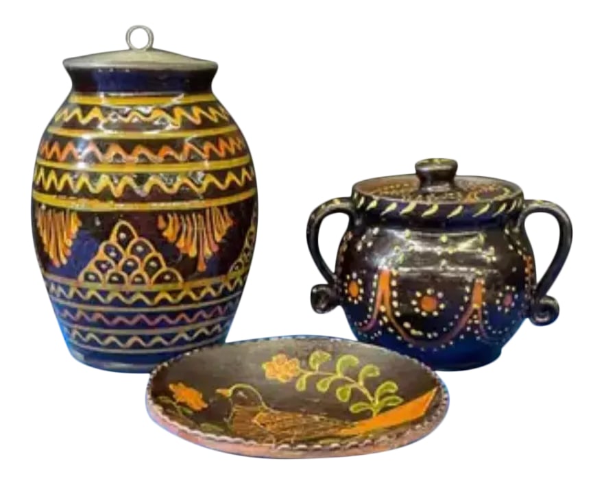 Early 21st Century Greg Schooner Redware Pottery Set- 3 Pieces: The Shooners are known as one of the finest authentic Redware potters in the U.S. Their works are represented in museum collections as far away as Stoke-on Trent in England to the White House and