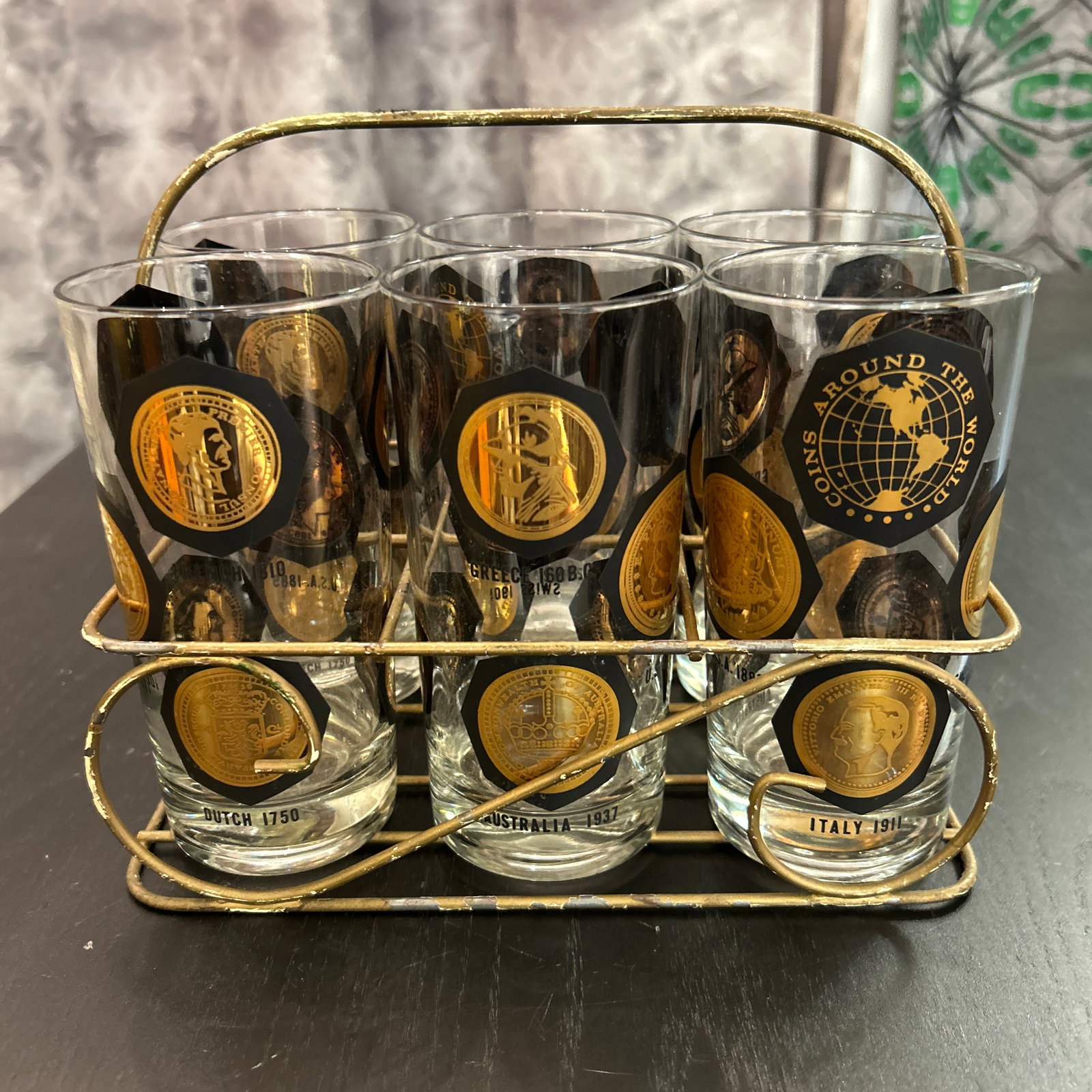 1950s Vintage Coins Around the World Highball Glasses in Original Brass Caddy 7 Pieces Total - 10