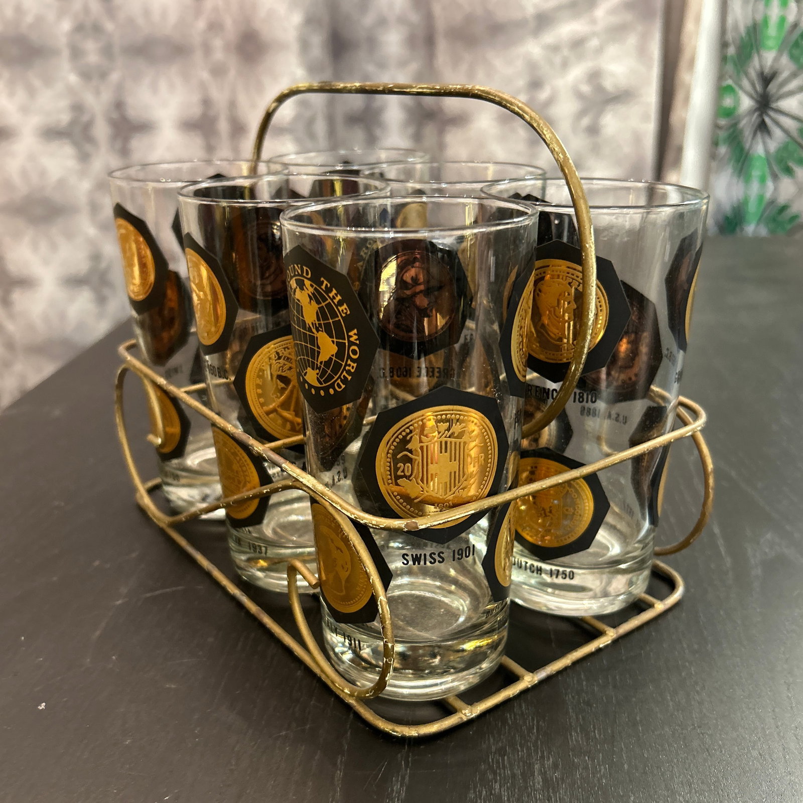 1950s Vintage Coins Around the World Highball Glasses in Original Brass Caddy 7 Pieces Total - 2