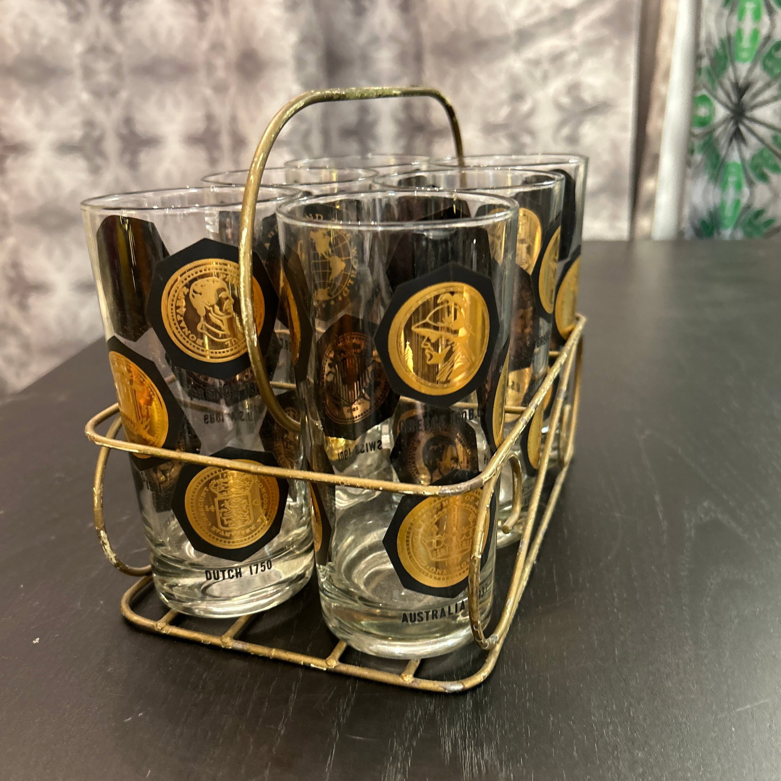1950s Vintage Coins Around the World Highball Glasses in Original Brass Caddy 7 Pieces Total - 3