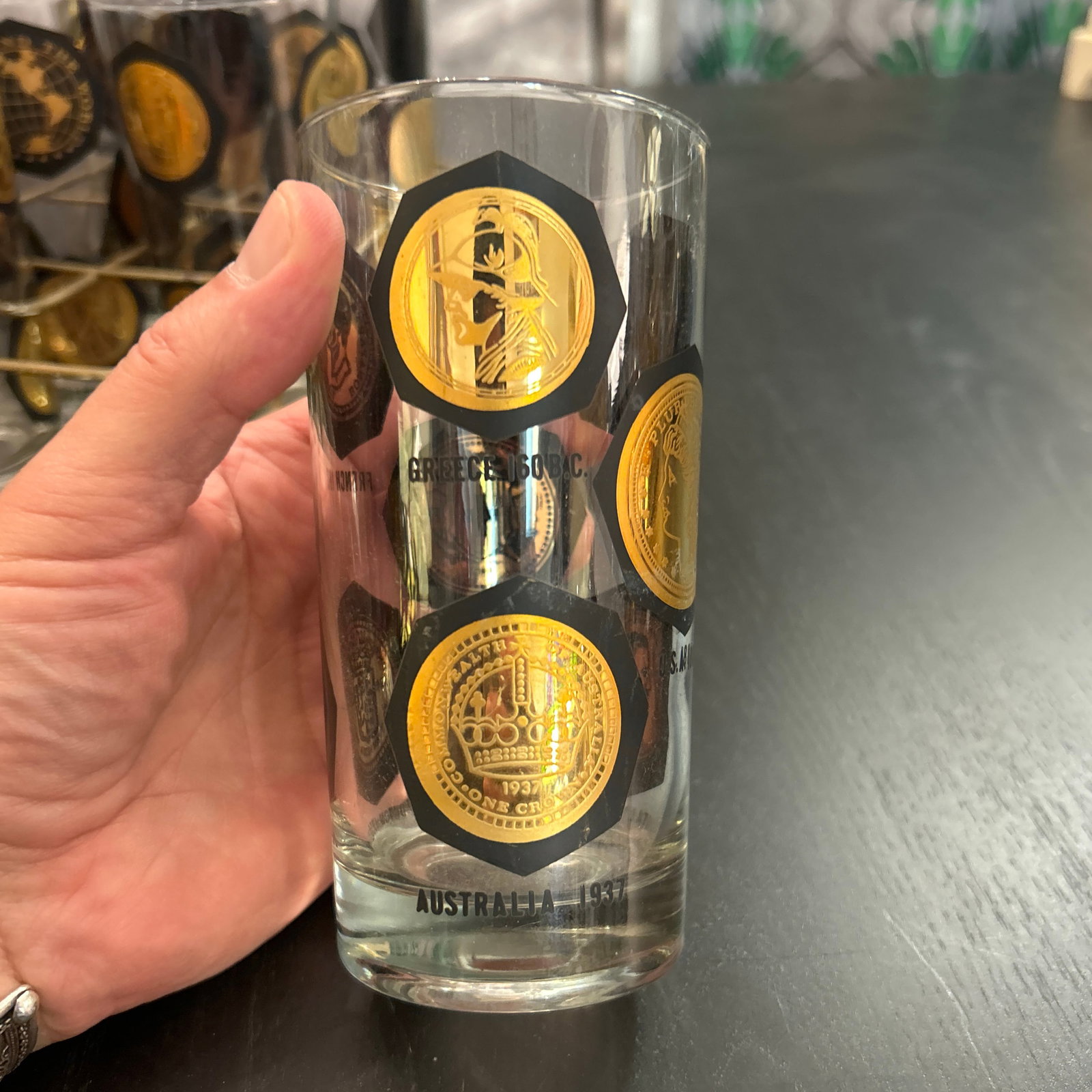 1950s Vintage Coins Around the World Highball Glasses in Original Brass Caddy 7 Pieces Total - 4