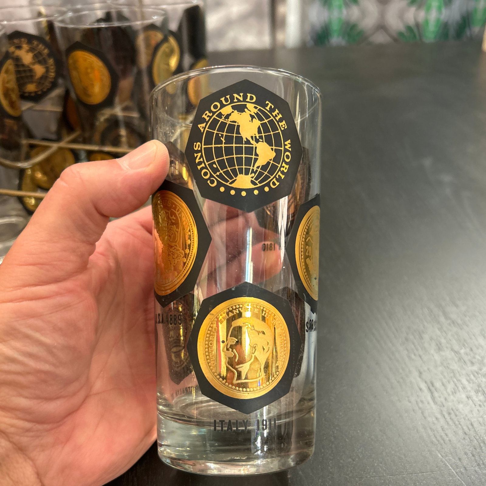 1950s Vintage Coins Around the World Highball Glasses in Original Brass Caddy 7 Pieces Total - 5