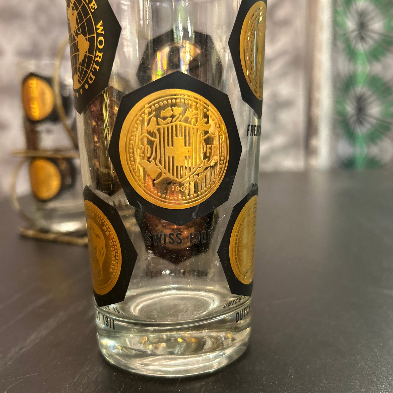 1950s Vintage Coins Around the World Highball Glasses in Original Brass Caddy 7 Pieces Total - 6