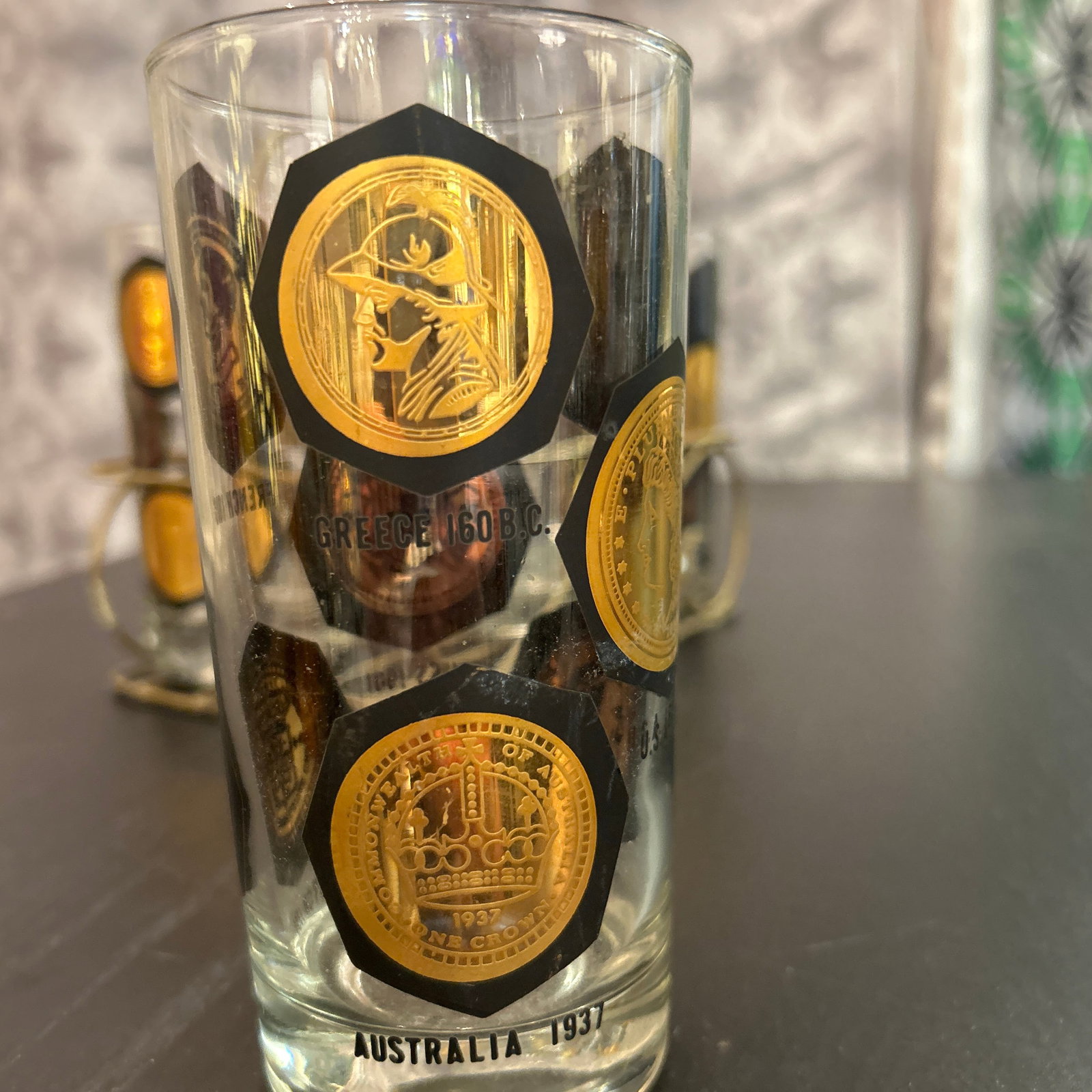 1950s Vintage Coins Around the World Highball Glasses in Original Brass Caddy 7 Pieces Total - 7
