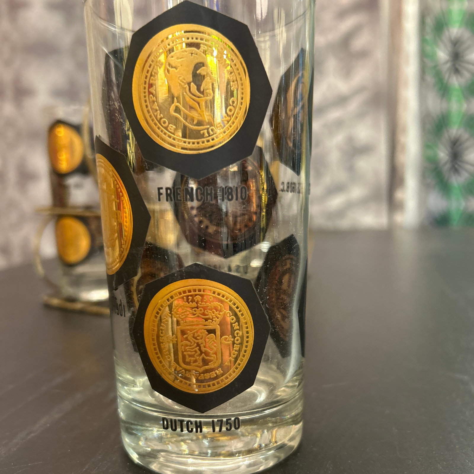 1950s Vintage Coins Around the World Highball Glasses in Original Brass Caddy 7 Pieces Total - 8