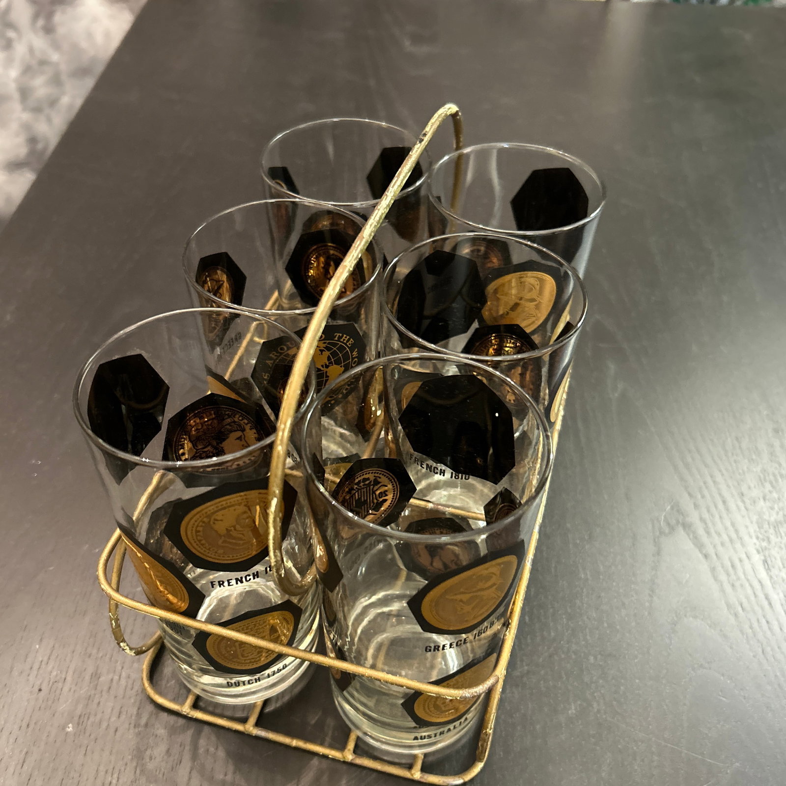1950s Vintage Coins Around the World Highball Glasses in Original Brass Caddy 7 Pieces Total - 9